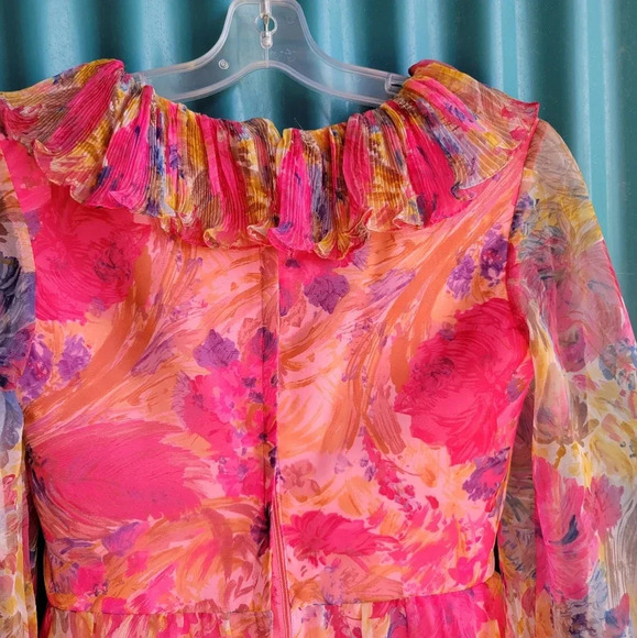 Vintage Pink Floral Chiffon Dress  Long Sleeves Long Small 70s Mrs, Roper - Picture 9 of 12